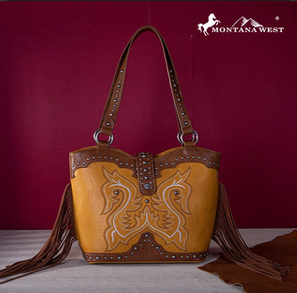 Montana West Embroidered Fringe Collection Concealed Carry Boot Purse Tote