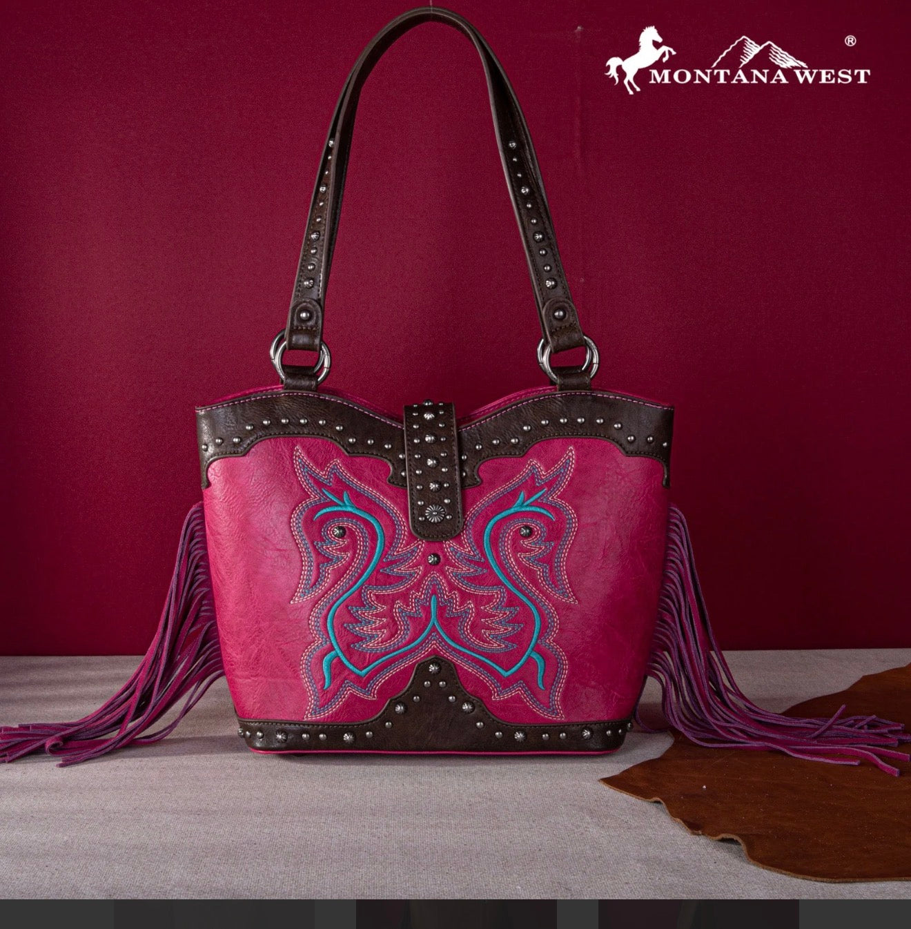 Montana West Embroidered Fringe Collection Concealed Carry Boot Purse Tote