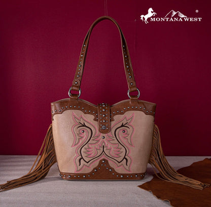 Montana West Embroidered Fringe Collection Concealed Carry Boot Purse Tote