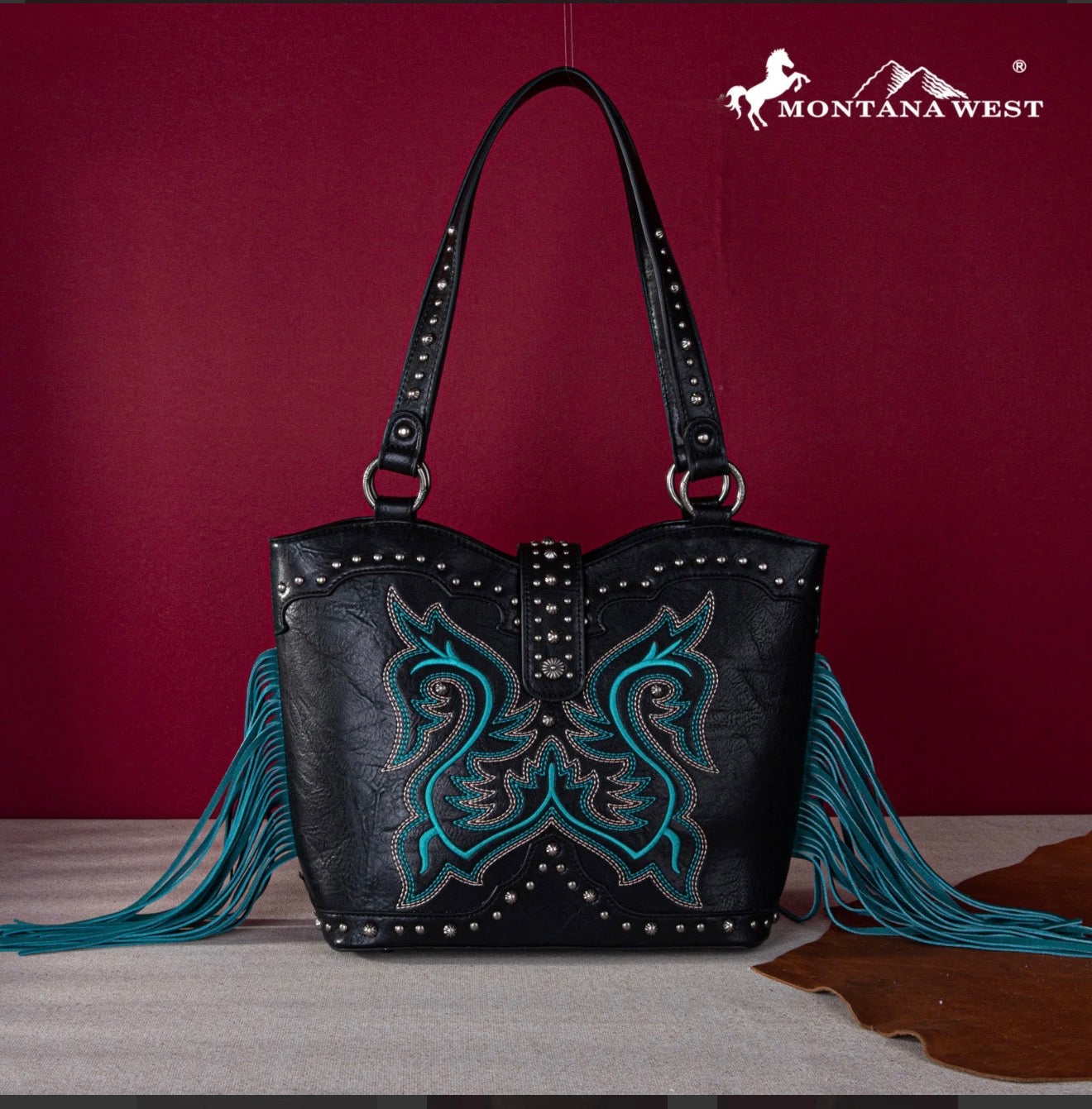 Montana West Embroidered Fringe Collection Concealed Carry Boot Purse Tote