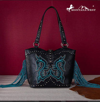 Montana West Embroidered Fringe Collection Concealed Carry Boot Purse Tote